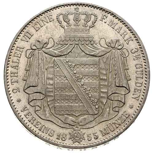 Saksonia, Jan V 1854-1873, dwutalar 1855 / F, srebro 37.09 g, Thun 357, AKS 125, Kahnt 474, Dav. 886, bardzo ładnie zachowany