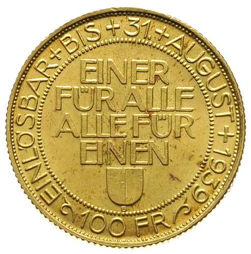 Konfederacja, 100 franków 1939, Zawody strzeleckie w Lucernie, złoto 17.48 g, Fb. 506, niewielkie przebarwienia, piękny egzemplarz