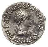 Baktria, Menander I Soter 160-145 pne, drachma, mennica Pushkalavati, Aw: Popiersie króla w prawo,..