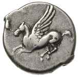 Koryntia, Korynt, stater 400-338 pne, Aw: Pegaz z rozpostartymi skrzydłami lecący w prawo, Rw: Gło..