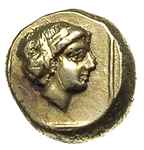 Lesbos, Mytilene, hekte ok. 336 pne, Aw: Głowa młodego Apollina w prawo, Rw: Głowa Artemidy w kwad..