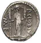 P. Clodius m. f. 42 pne, denar, Rzym, Aw: Głowa Apolla w wieńcu laurowym w prawo, Rw: Diana z łuki..