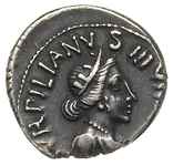 August 27 pne-14 ne, mennictwo P. Petroniusza Turpilianusa, denar 19/18 pne, Rzym, Aw: Popiersie b..