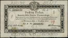 1 talar 1.12.1810, podpis J. Nep. Małachowski, numeracja 28933, ze stemplem Centralnej Komisji Lik..