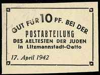 Poczta Getta Łódzkiego, bon na 10 fenigów 17.04.1942, duże cyfry nominału, bez numeracji, Miłczak ..