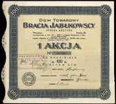 Dom Towarowy Bracia Jabłkowscy Spółka Akcyjna, 1 akcja na 100 złotych, Warszawa /1933/, z kuponami..