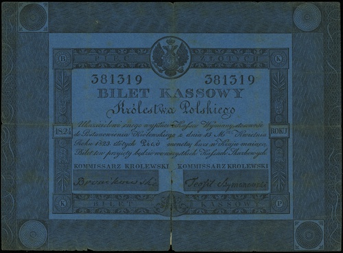 5 złotych 1824, seria A, numeracja 381319, podpisy komisarzy królewskich \Bronikowski\" i \"Teofil Szymanowski, na stronie odwrotnej odręczny podpis \"Lade\"?