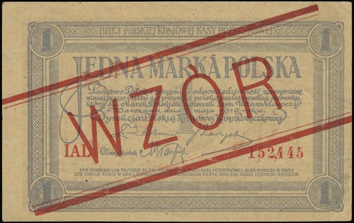 1 marka polska 17.05.1919, seria IAL, numeracja 152,445, po obu stronach ukośny czerwony nadruk \WZÓR, Lucow 323 (R4)