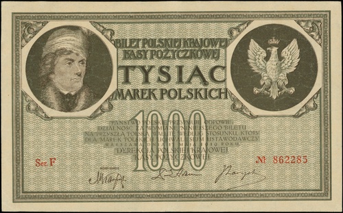 1.000 marek polskich 17.05.1919, seria F, numeracja 862285, Lucow 345 (R4), Miłczak 22b, załamanie w połowie, po fachowej konserwacji