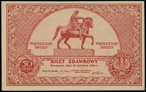 50 groszy 28.04.1924, bez oznaczenia serii i numeracji, Lucow 703 (R2), Miłczak 46, niewielki defekt papieru, ale wyśmienity egzemplarz