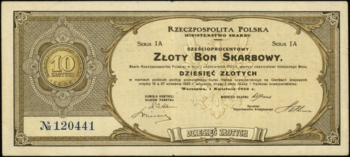 złoty bon skarbowy na 10 złotych 1.04.1923, seria IA, numeracja 120441 (w katalogu kolekcji pomylona numeracja w opisie), Lucow 725 (R7) - ilustrowany w katalogu kolekcji, Moczydłowski B15, dwa załamania