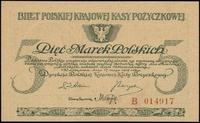 5 marek polskich 17.05.1919, seria B, numeracja 014917, Lucow 328 (R2), Miłczak 20b, jedno przegię..