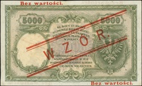 5.000 złotych 28.02.1919, seria A, numeracja 266681, po obu stronach ukośny czerwony nadruk \WZÓR\..