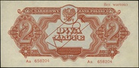2 złote 1944, seria Aa, numeracja 658204, w klauzuli \obowiązkowym, po obu stronach ukośny czerwon..