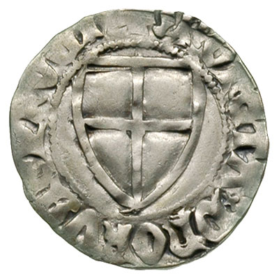 Konrad von Jungingen 1393-1407, szeląg, Aw: Tarcza wielkiego mistrza i napis, Rw: Tarcza zakonna i napis, srebro 1.64 g, Neumann 7a, Vossberg 319