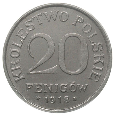 20 fenigów 1918, Stuttgart, moneta wybita stemplem lustrzanym w pudełku PCGS z certyfikatem PR 67 CAM, Parchimowicz 7.b, wyśmienicie zachowane, bardzo rzadkie
