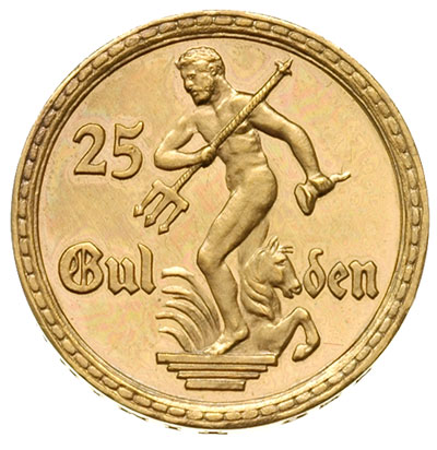 25 guldenów 1923, Berlin, Posąg Neptuna, złoto 7,99 g, Parchimowicz 70.b, moneta wybita stemplem lustrzanym, bardzo rzadkie i ładnie zachowane