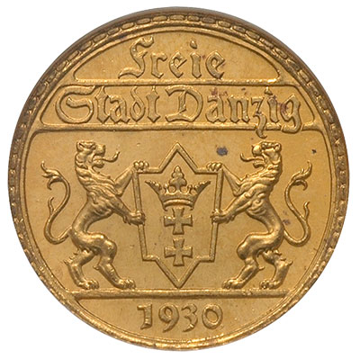 25 guldenów 1930, Berlin, Posąg Neptuna, złoto 7.98 g, Parchimowicz 71, moneta wybita stemplem zwykłym, w pudełku NGC z certyfikatem MS 65, bardzo ładny stan zachowania