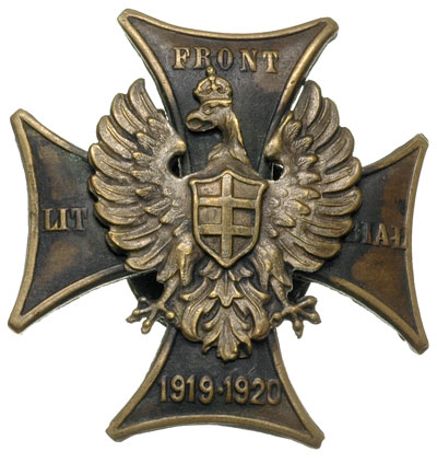 odznaka pamiątkowa Front Litewsko - Białoruski, mosiądz 39x38 mm, Stela 14.1.12.c, nakrętka skorodowana K. GORZOCHOWSKI / WILNO