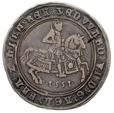 korona 1551, Aw: Król na koniu w prawo, Rw: Tarcza na tle krzyża, srebro 30.61 g, S. 2478, patyna