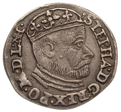 trojak 1586, Olkusz litery NH na awersie, awers Iger O.86.2.b, rewers Iger O.86.2.a (R2), moneta wybita nieco uszkodzonym stemplem, patyna