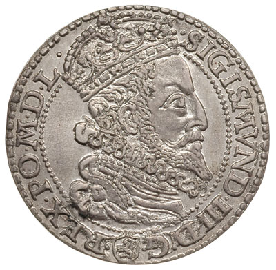 szóstak 1599, Malbork, rzadka odmiana z dużą głową króla, wybity nieco uszkodzonym stemplem, ale bardzo ładny egzemplarz