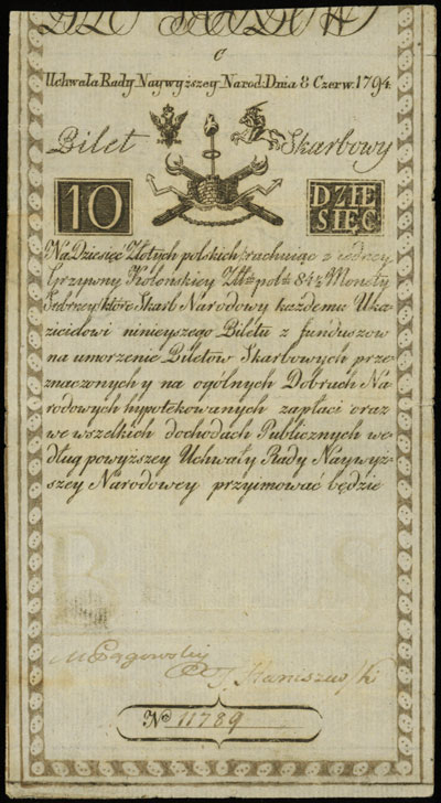 10 złotych 8.06.1794, seria C, numeracja 11789, widoczny firmowy znak wodny, Miłczak A2, Lucow 19 (R3)
