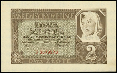 2 złote 1.03.1940, seria B, numeracja 3579278, M