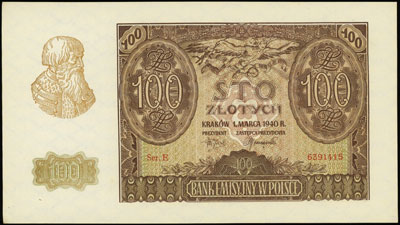 100 złotych 1.03.1940, seria E, numeracja 639141