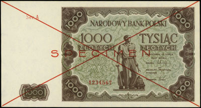 1.000 złotych 15.07.1948, seria A, numeracja 1234567, po obu stronach dwukrotnie przekreślony i poziomy nadruk \SPECIMEN\" w kolorze czerwonym