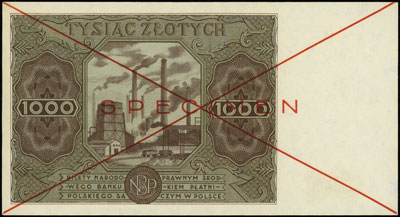1.000 złotych 15.07.1948, seria A, numeracja 1234567, po obu stronach dwukrotnie przekreślony i poziomy nadruk \SPECIMEN\" w kolorze czerwonym