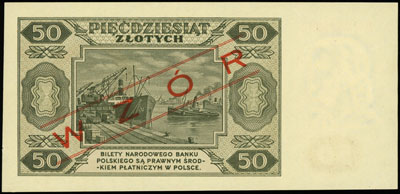 50 złotych 1.07.1948, seria BS, numeracja 0000002, po obu stronach ukośny czerwony nadruk \WZÓR, Miłczak 138g
