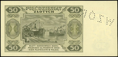 50 złotych 1.07.1948, seria DS, numeracja 0000011, ukośny perforowany napis \WZÓR\" na marginesie