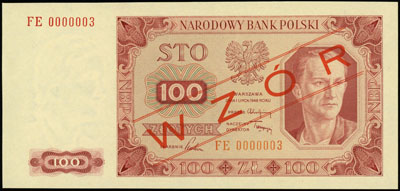 100 złotych 1.07.1948, seria FE, numeracja 0000003, po obu stronach ukośny czerwony nadruk \WZÓR, Miłczak 139d