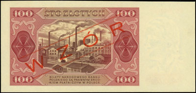 100 złotych 1.07.1948, seria FE, numeracja 0000003, po obu stronach ukośny czerwony nadruk \WZÓR, Miłczak 139d