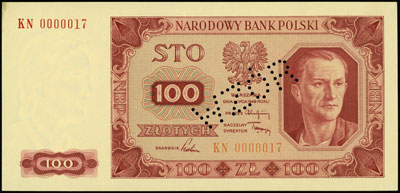 100 złotych 1.07.1948, seria KN, numeracja 0000017, ukośny perforowany napis \WZÓR, Miłczak 139f