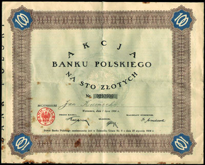 Bank Polski, akcja imienna na 100 złotych 1.07.1924 r. z kompletem kuponów, Niegrzyb. I-A-2, duża rzadkość