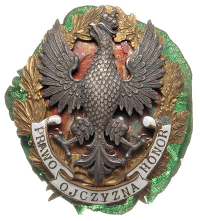 Królestwo Polskie, odznaka sądownicza Prawo Honor Ojczyzna, odznaka czteroczęściowa, emaliowana, tombak złocony i srebrzony 54 x 49 mm, nieco uszkodzona czerwona emalia, ale ładnie zachowana, rzadka
