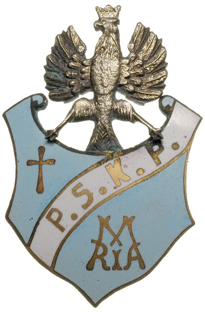 II Rzeczpospolita, odznaka pamiątkowa P.S.K.P. \Maria, Strona główna na ozdobnej tarczy ukośna wstęga z literami P. S. K. P.