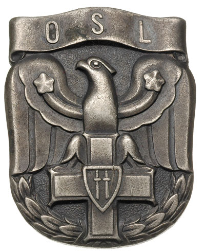 Polska powojenna, odznaka pamiątkowa absolwentów Oficerskiej Szkoły Lotniczej wzór 1947, biały metal oksydowany 36 x 45 mm, nakrętka Grabski