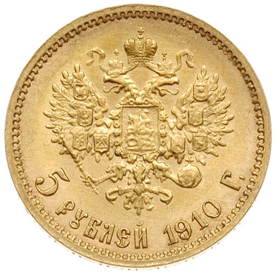 5 rubli 1910 / ЭБ, Petersburg, złoto 4.29 g, Bitkin 36, Kazakov 377, rzadkie i pięknie zachowane