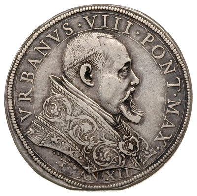 scudo (AR piastra) anno XII (1635), Dav. 4056, Berman 1713, CNI XVI/331/445, patyna, atrakcyjna i rzadka moneta