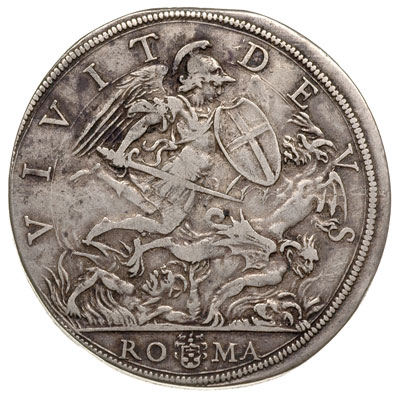 scudo (AR piastra) anno XII (1635), Dav. 4056, Berman 1713, CNI XVI/331/445, patyna, atrakcyjna i rzadka moneta