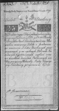 25 złotych 8.06.1794, seria D nr 29 044, Kow.3, Pick A3 wada techniczna druku nazagiętym papierze