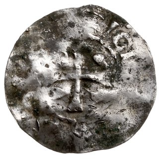 naśladownictwo słowiańskie denara typu ratyzbońskiego, Aw: Krzyż, w polach kulki, wokoło napis, Rw: Kościół, w nim litery .IC (prawdopodobnie SIC), srebro 1.49 g, Hahn 10.l1 - podobny, gięty, patyna