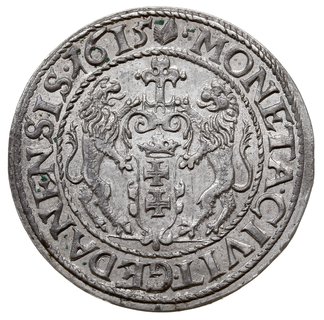 ort 1615, Gdańsk, odmiana z dużą głową króla i kropką za łapą niedźwiedzia, małe ryski na awersie, ale pięknie zachowany
