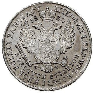 5 złotych 1830, Warszawa, odmiana z literami K - G, Plage 39, Bitkin 987, drobne ryski, ale piękny egzemplarz