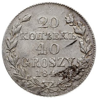 20 kopiejek = 40 groszy 1844, Warszawa, Plage 391, Bitkin 1258 (R), rzadszy rocznik, patyna