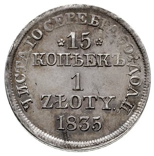 15 kopiejek = 1 złoty 1835, Warszawa, Plage 402, Bitkin 1165, piękne, delikatna patyna