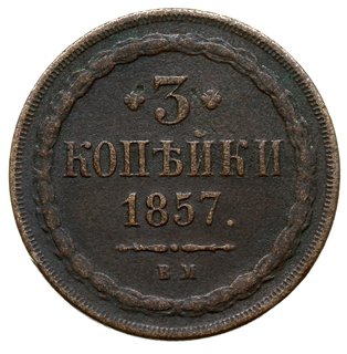 3 kopiejki 1857, Warszawa, Plage 471, Bitkin 455 (R1), bardzo rzadkie